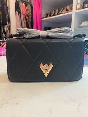 Valentino Orlandi Quilted Vegan Leather Crossbody Bag with Gold V Accent - Black